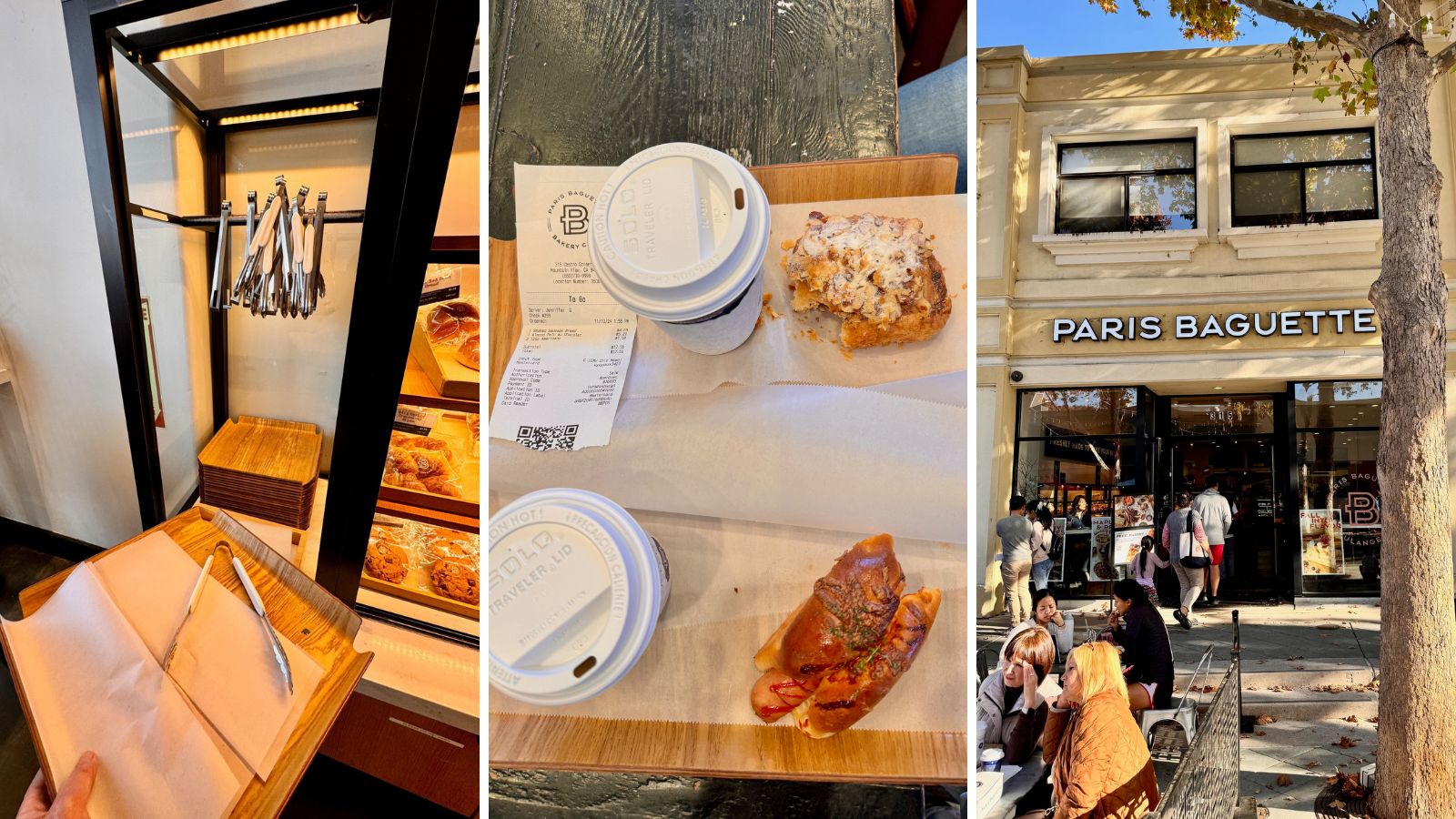 V.l.n.r. dienblad met tang voor self-service | onze bestelling | exterieur Paris Baguette in Mountain View